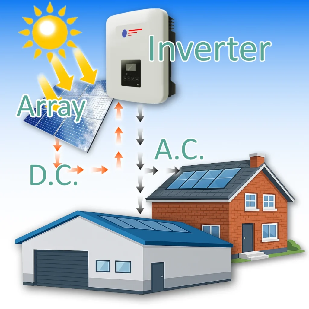 Diagram showing how solar panels produce electricity that is converted by an inverter and used in a home and commercial building.