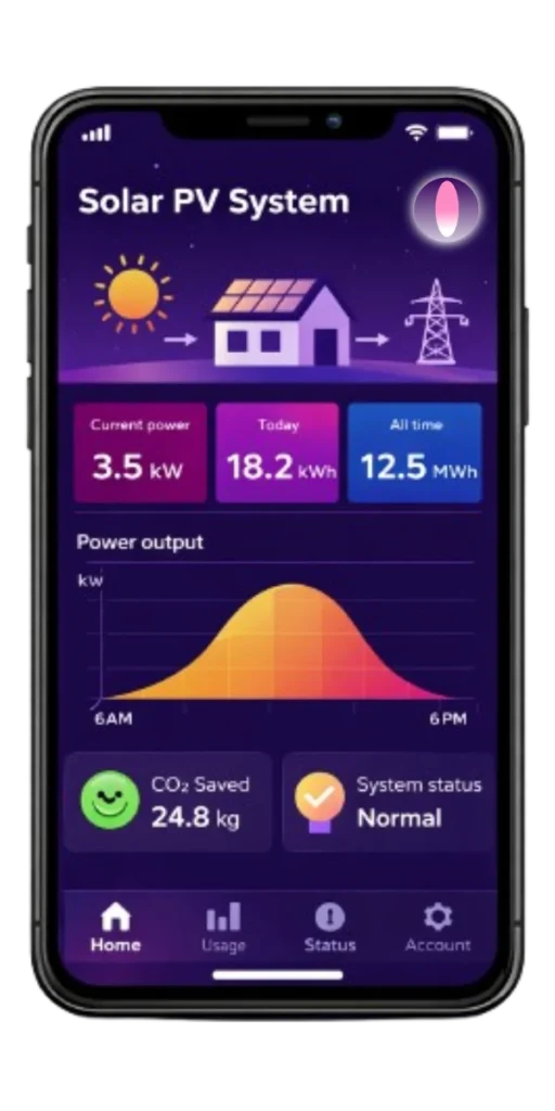 Solar PV monitoring app on a mobile phone showing energy generation, system performance and usage in a home in Essex