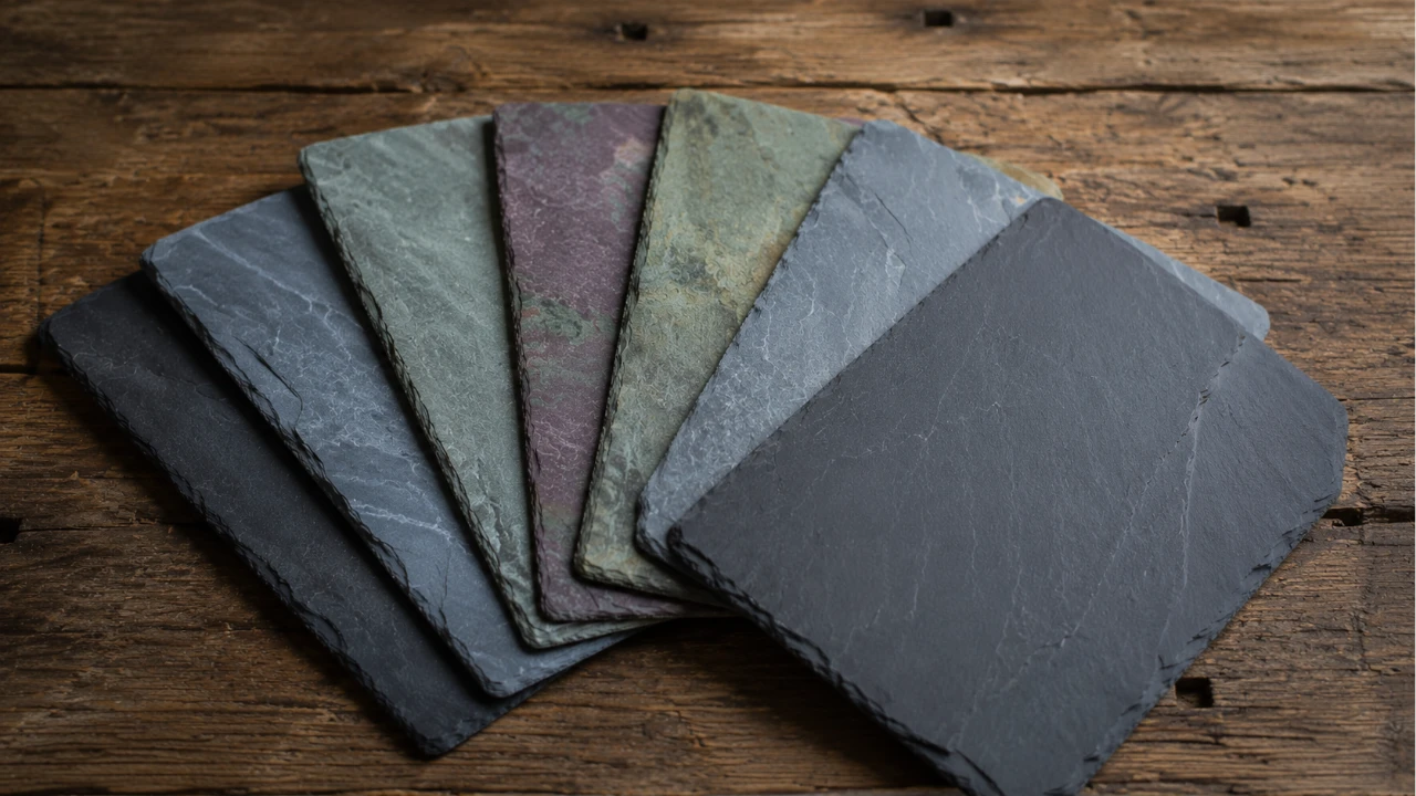 Selection of natural British roofing slates showing different colours and textures.