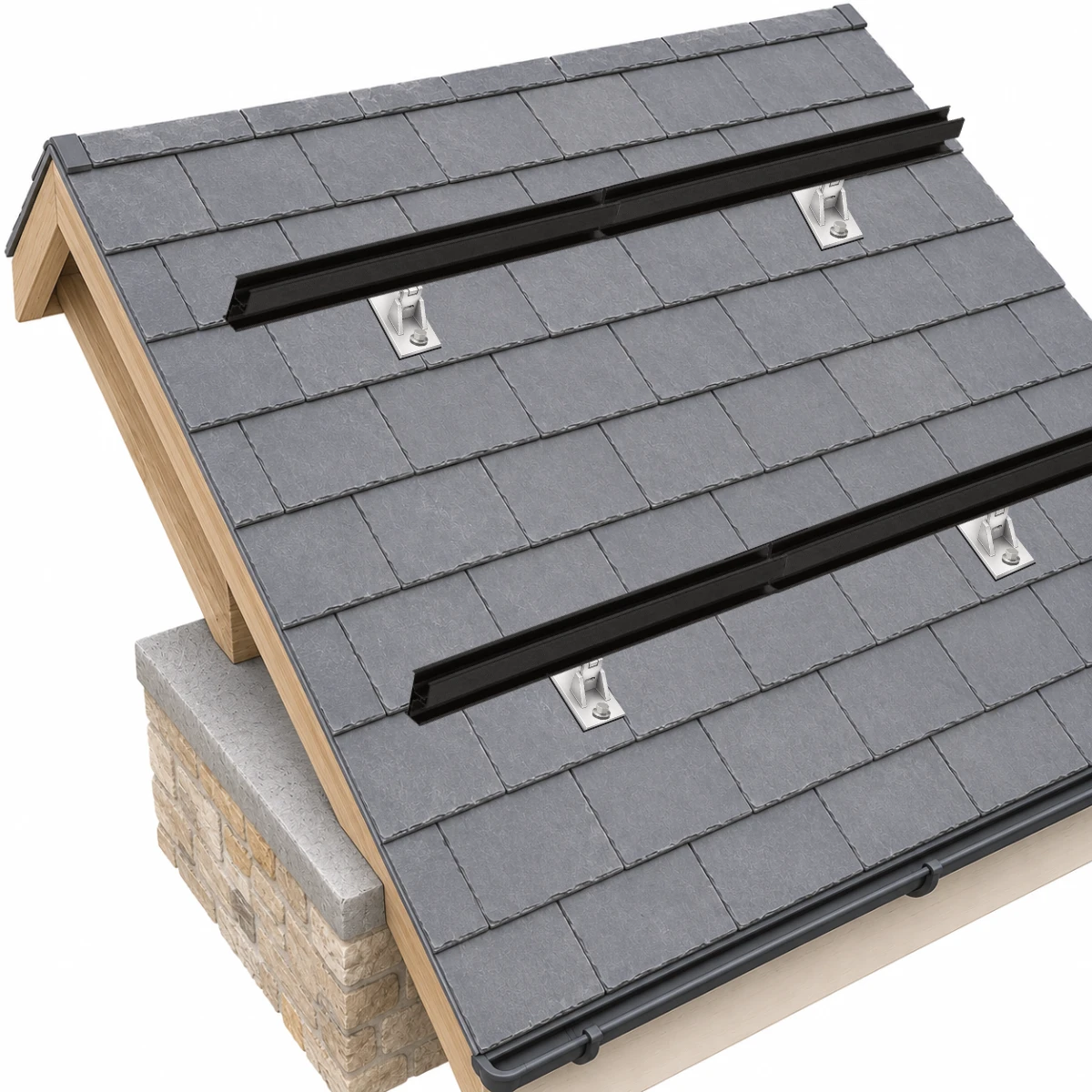 Exploded view showing how a specialist slate roof bracket is fixed to the roof structure to support solar panels.