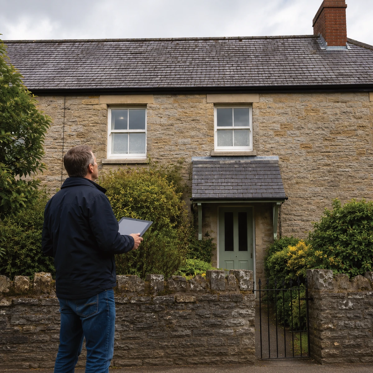 Solar surveyor assessing a traditional British house with a natural slate roof.