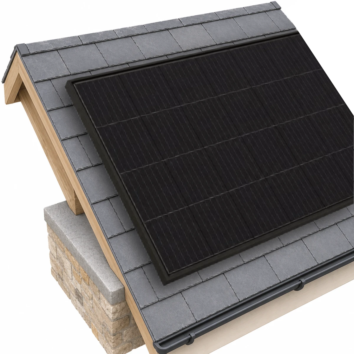 Solar panel mounted on a traditional slate roof using specialist mounting rails and brackets.