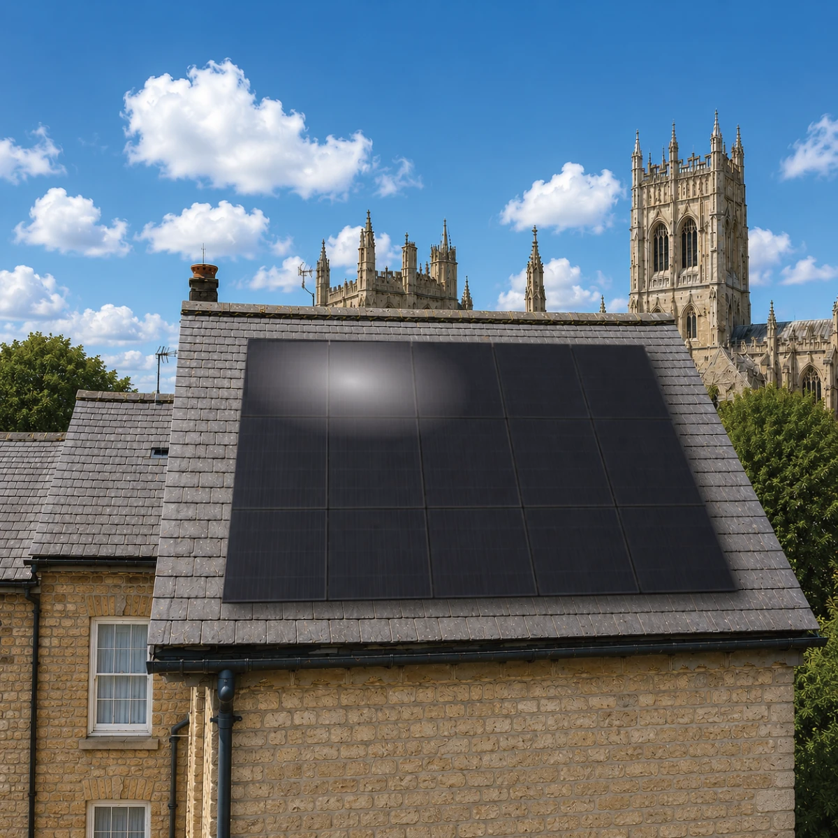 Solar panels installed on a traditional slate roof using a specialist mounting system.