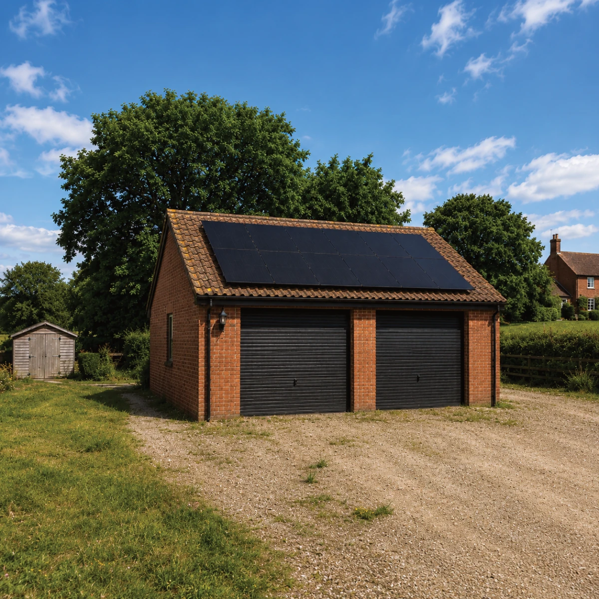 Detached brick garage with black solar panels installed on the roof in a rural UK setting.
