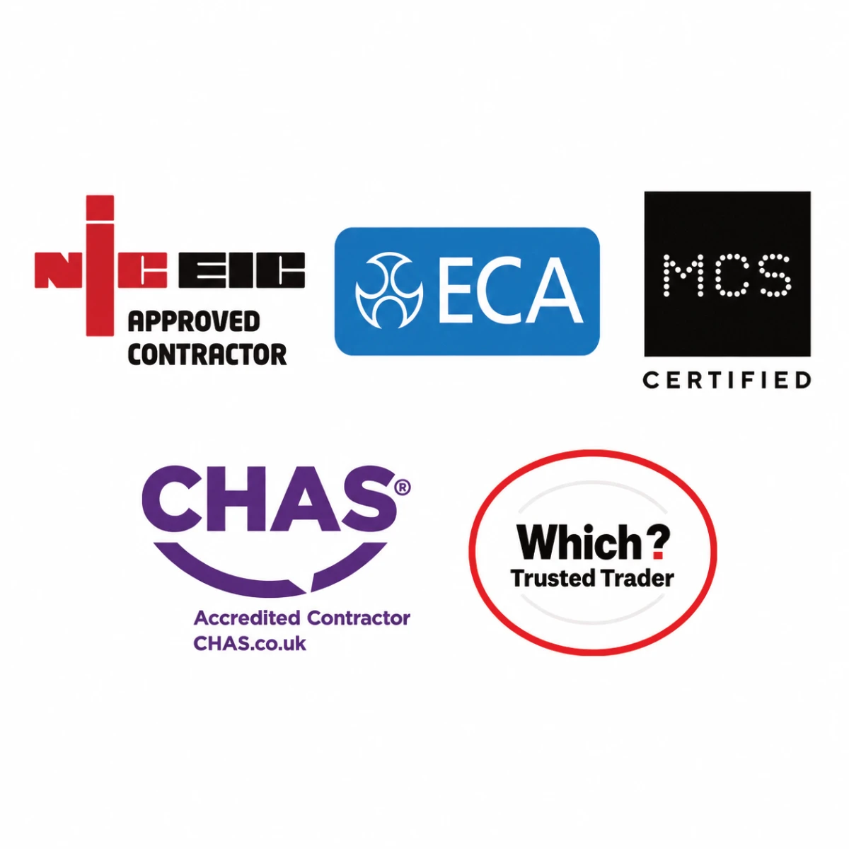 Stag Solar accreditations including NICEIC Approved Contractor, ECA, MCS Certified, CHAS Accredited Contractor and Which? Trusted Trader.