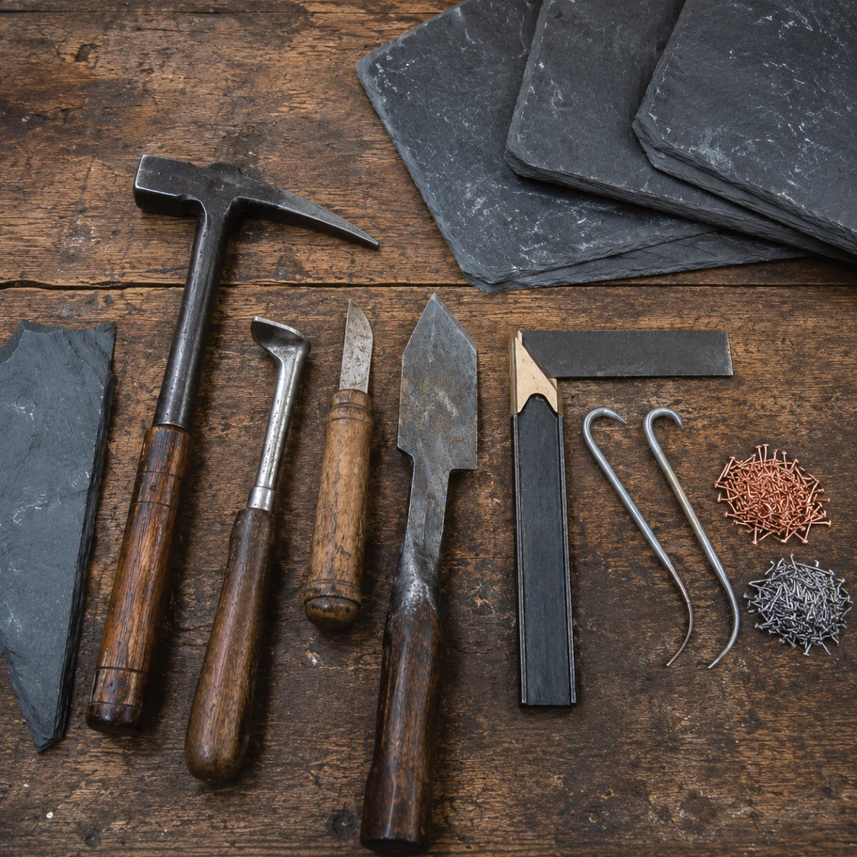 Traditional slate roofing tools including slate hammer, ripper, hooks and natural roofing slates.