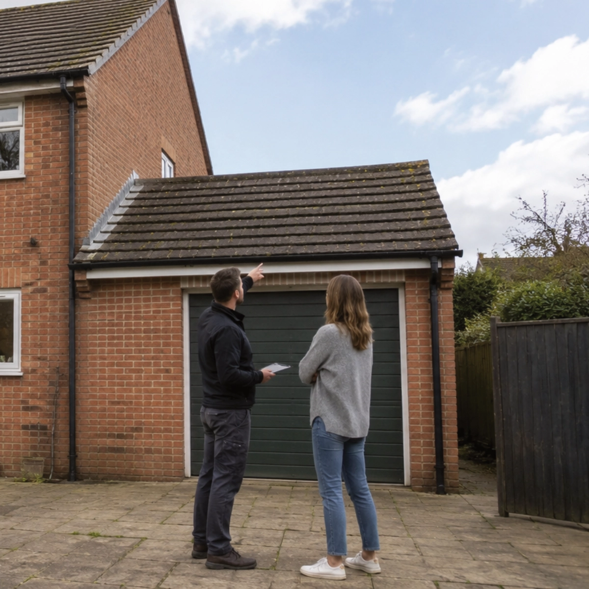 Installer and householder discussing adding solar panels to a garage roof after a home battery installation.