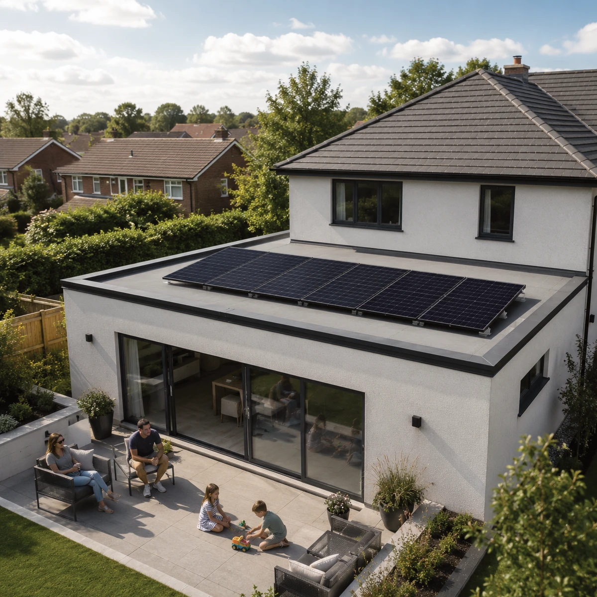 Completed domestic flat roof solar panel installation on a typical Essex family home with a low-profile ballasted mounting system and family enjoying the garden below.