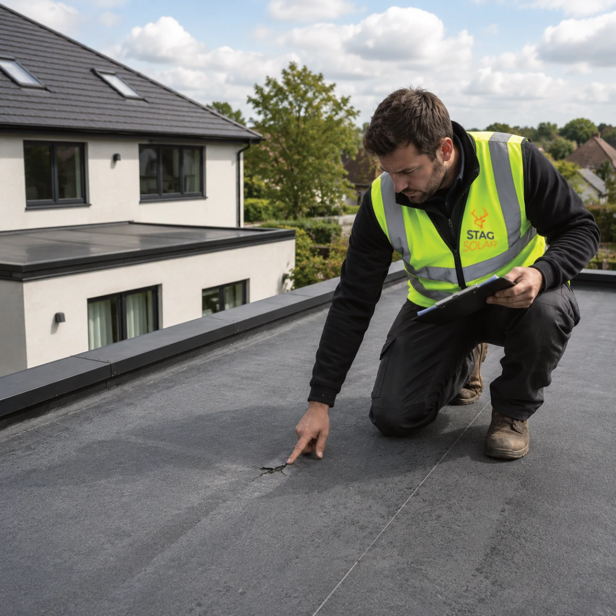 Surveyor inspecting the waterproof membrane on a domestic flat roof before installing solar panels on a typical Essex home.