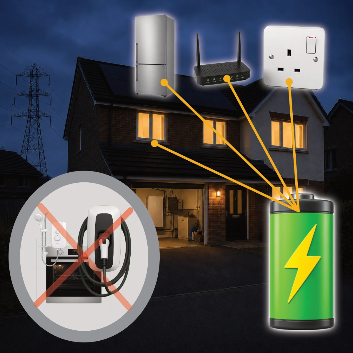 Home battery supplying essential circuits while high-power appliances remain off during a power cut