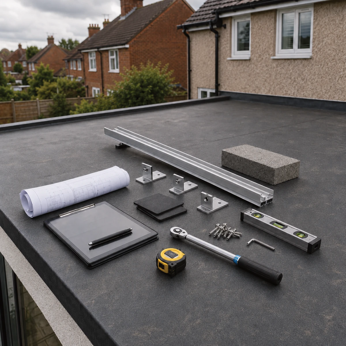 Flat roof solar mounting rail, ballast block, brackets and survey tools laid out on a domestic flat roof