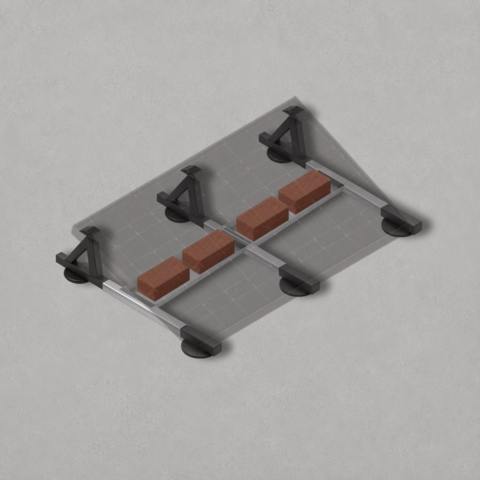 Transparent solar panel showing the underlying ballasted mounting system on a domestic flat roof, including support brackets, mounting rails and ballast trays.