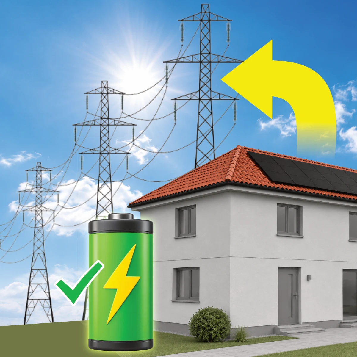 Solar-powered home with a fully charged battery exporting surplus electricity to the grid.