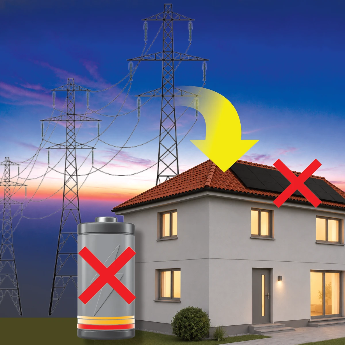 Electricity pylons supplying an illuminated house when solar generation has stopped and the home battery is depleted.
