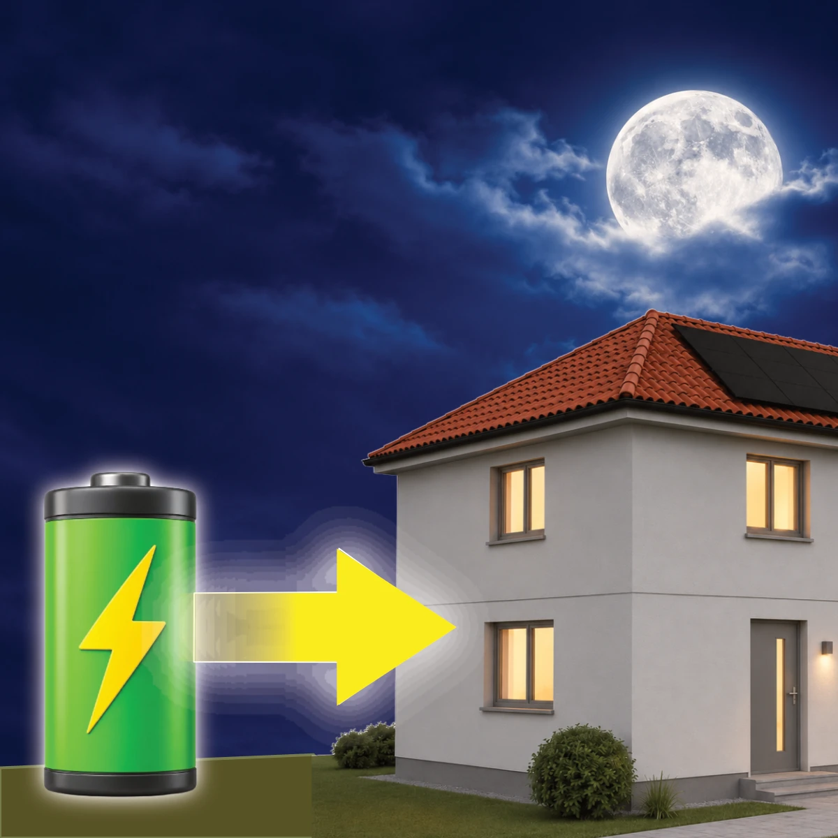 Home battery supplying electricity to an illuminated house at night after solar generation has stopped.
