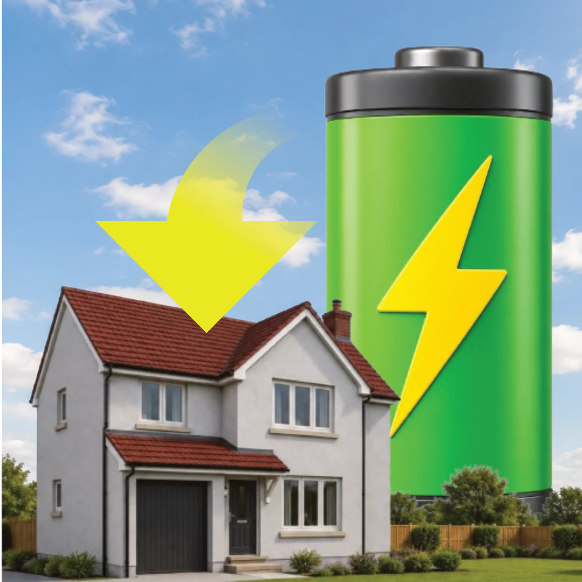 Home battery supplying stored electricity to a house during the day when grid electricity is more expensive.