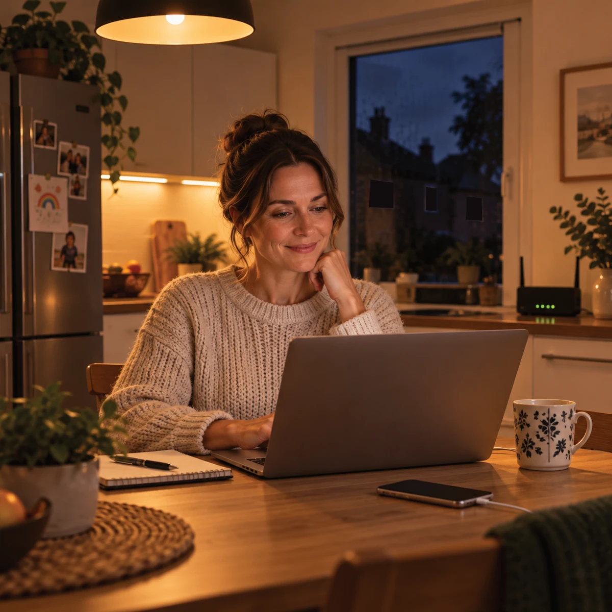Homeowner using a laptop while essential household power continues during an outage