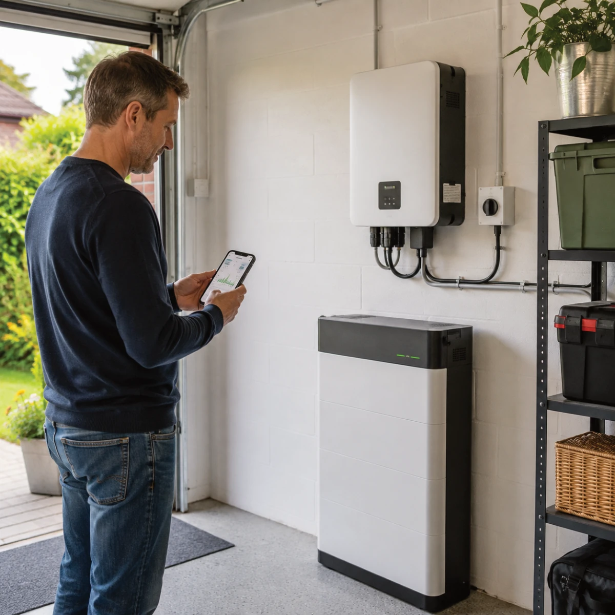 Homeowner checking energy use beside a domestic battery and inverter
