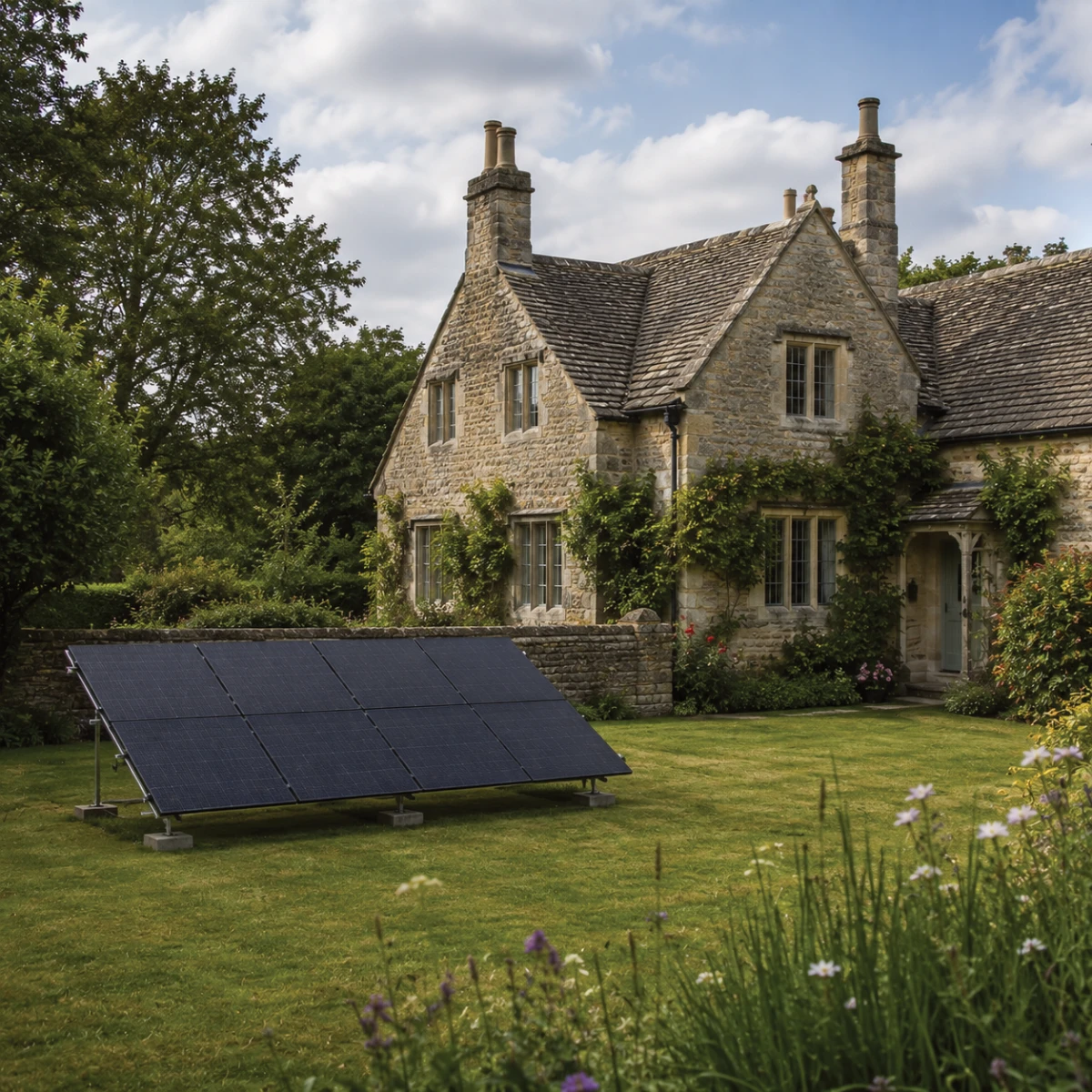 Ground-mounted solar panels in the grounds of a listed property